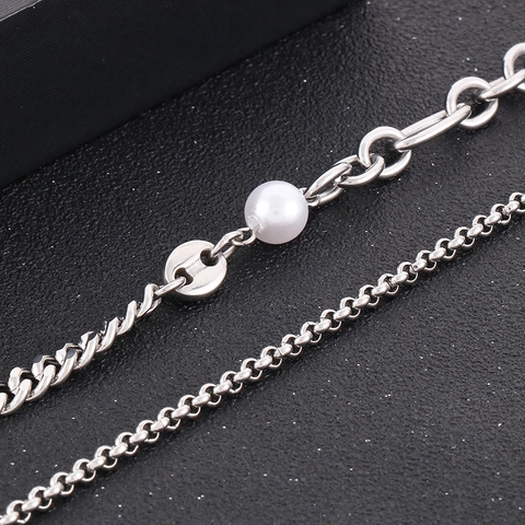 Pulsera De Cadena Cubana De Doble Capa Unisex De Acero Inoxidable Con Perla Artificial De Concha Y Colgante Redondo Hip Hop