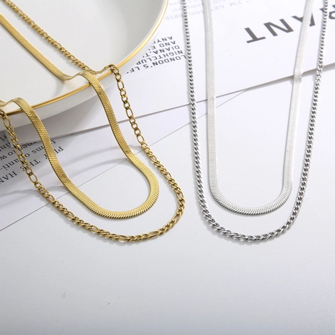 Stainless Steel Layered Necklace Flat Snake Chain And Figaro Chain Minimalist Fashion Jewelry For Women