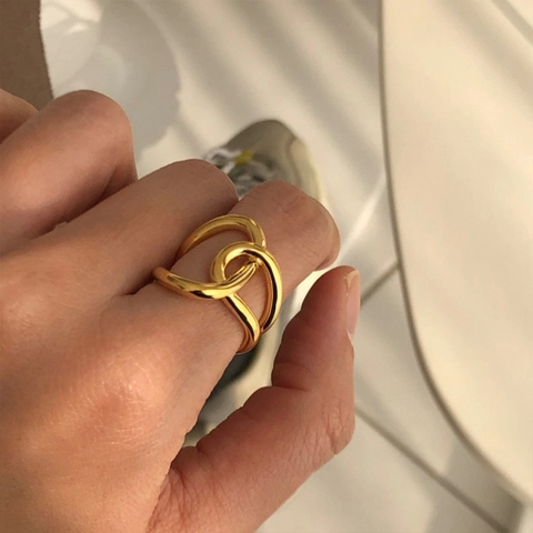 Minimalist Stainless Steel Double Interlocking Ring For Women Chic Geometric Polished Chunky Link Gold Silver Chic Chic Finger Ring