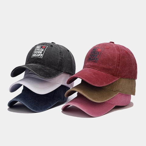 Washed Cotton Baseball Cap Mr Steal Your Heart Buchstaben Herz Druck Retro Verstellbarer Sonnenhut Für Herren Damen