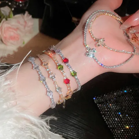 Elegant Women Fashion Colorful Zircon Bracelet Copper With Gold Plated Luxury Sparkling Adjustable Link Jewelry Gift