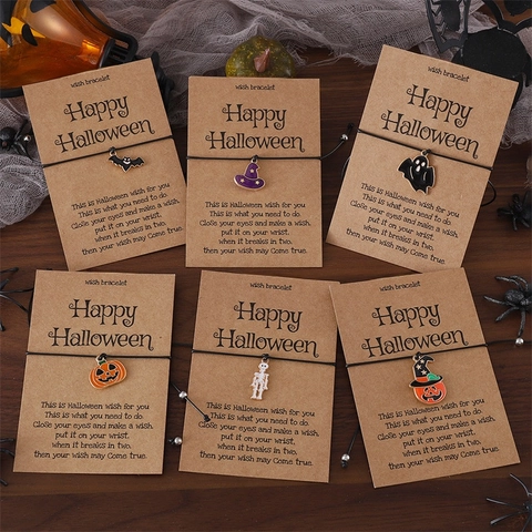Halloween Wish Bracelet Bat Ghost Pumpkin Skeleton Enamel Charm Alloy Adjustable Black Cord Jewelry Gift