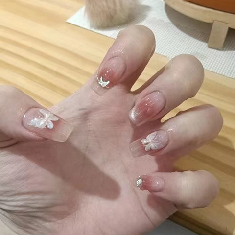 Press On Nägel Katzenauge Farbverlauf Blush Coffin Form Dreidimensional Schmetterling Künstliche Perle ABS Kunststoff Lang Französisch Süß