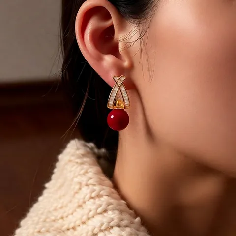 Vintage Elegante Rote Perlenhänger 18K Vergoldetes Kupfer Mit Zirkon Kreuzdesign Und Silbernen Ohrsteckern Für Damen