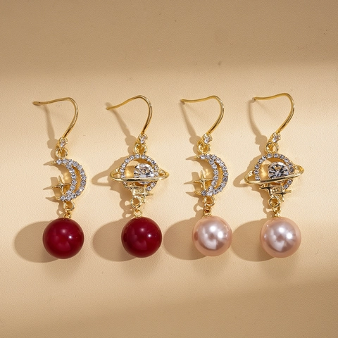 Pendientes Colgantes Asimétricos Luna Estrella Saturno Planeta Con Aleación Strass E Imitación De Perla Artificial Para Mujer