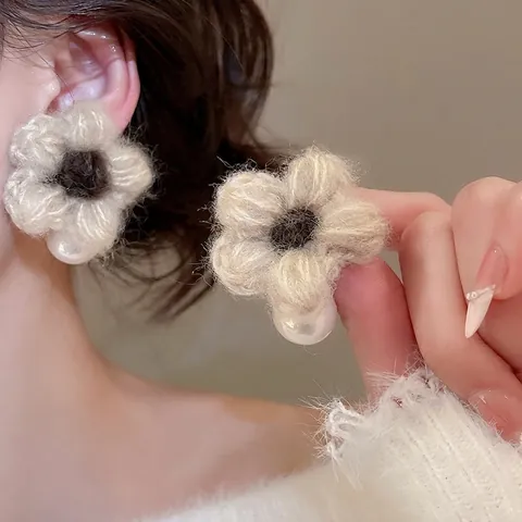 Pendientes De Perlas Artificiales Con Flores Tejidas Con Poste De Plata De Ley 925 Joyería Elegante Retro De Otoño Invierno Para Mujer