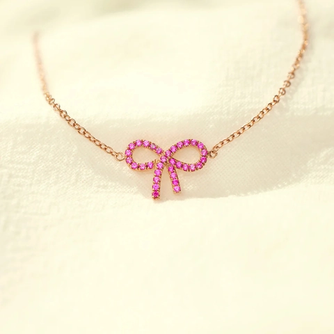 Bow Knot Bracelet 925 Sterling Silver Rose Gold Plated Pink Cubic Zirconia Elegant Adjustable Jewelry For Women