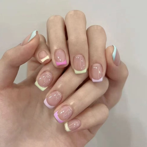 Press On Nails Macaron French Square Round Artificial Nails Removable Fake Nails With Glue For Women Summer Dopamine Style