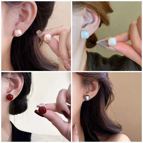 Geometric Square Faux Artificial Pearl Stud Earrings With Silver Earring Post Minimalist Elegant Fashion Accessories For Women