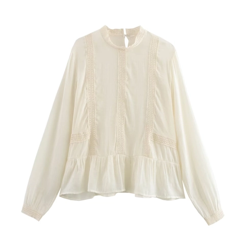 Women Chiffon Blouse Elegant Lace Patchwork Long Sleeve Stand Collar Ruffle Hem Romantic Mori Style Top Cream Off White