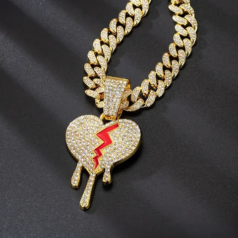Collana Pendente Cuore Spezzato Hip Hop Lega Strass Catena Cubana Fulmine Rosso Gioielli Streetwear