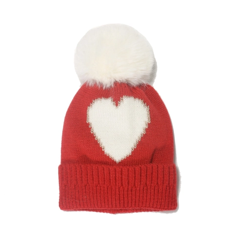 Kids Knit Beanie Hat Acrylic Warm Winter Heart Pattern Faux Fur Pompom Soft For Girls Toddlers Cute Outdoor Daily