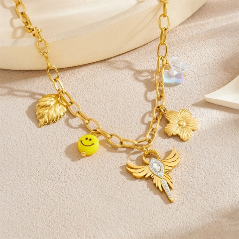 Collier Pendentif Multi Charme En Acier Inoxydable Plaqué Or Ailes Ange Papillon Smiley Strass Bijoux Tendance Femmes