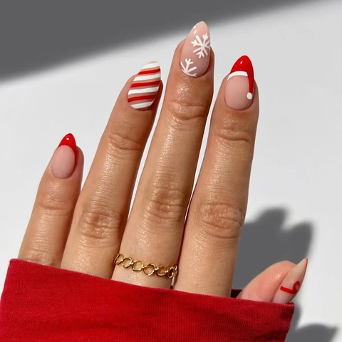 Weihnachtsnägel Zum Aufkleben Rot French Tip Schleife Schneeflocken Streifen Kurze Mandelform Künstliches ABS Kunststoff Für Damen