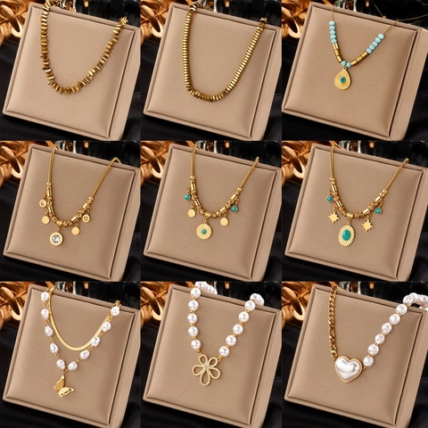 Stainless Steel Gold Plated Necklace For Women Retro Ethnic Style Faux Artificial Pearl Turquoise Butterfly Heart Pendant Jewelry