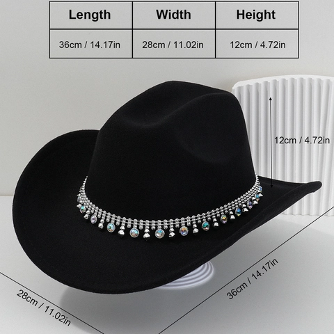 Western Cowboy Hat Polyester Felt Fedora With Colorful Rhinestone Tassel Chain Fashion Party Wide Brim Sun For Women Men
