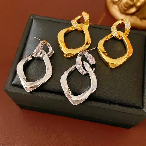 Orecchini Geometrici In Rame Con Zirconi E Perno In Argento Gioielli Alla Moda Per Donne