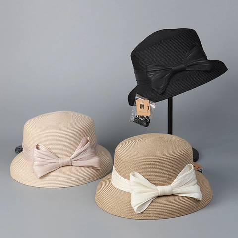 Women Straw Hat Paper Straw Polyester Wide Brim Bow Decor Sun Protection Summer Beach Elegant Hepburn Style