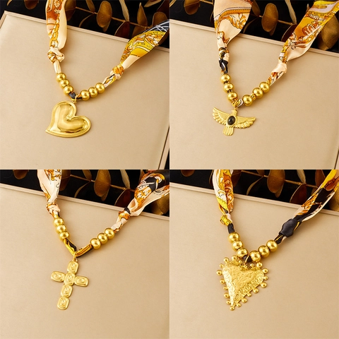 Collana Vintage Con Pendente In Acciaio Inossidabile Placcato Oro E Nastro Di Raso Stampato Cuore Croce Uccello Charms Retrò Boho