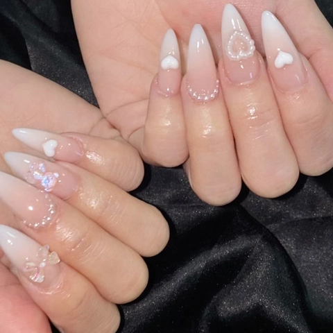 Uñas Postizas Press On Degradado Rosa Dulce Almendra Larga Oso Resina Perla Artificial Lazo Decoración Accesorios Manicura