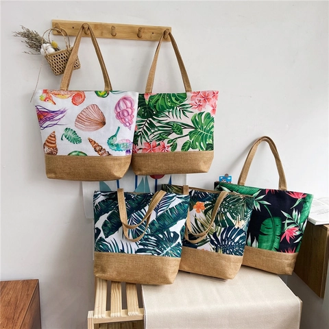 Women Large Capacity Canvas And Linen Patchwork Tote Bag Tropical Plant Floral Ocean Print Casual Shoulder Beach Bag