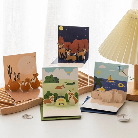 3D Pop Up Greeting Cards Cute Animal Rabbit Corgi Fox Design With Envelope And Seal Sticker For Birthday Thank You