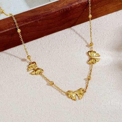Bowknot Pendant Necklace Stainless Steel Gold Plated Bead Chain Minimalist Fashion Jewelry For Women