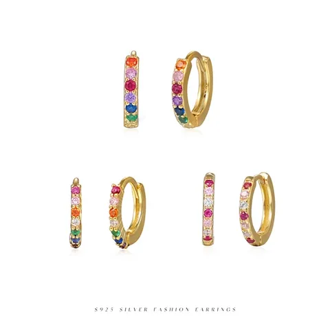 Boucles D'oreilles Huggie Hoop Argent Sterling 925 Zircone Cubique Arc-En-Ciel Plaqué Or Bijoux Mode Pour Femmes