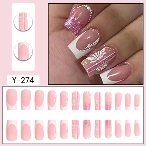 French Press On Nails Medium Long Square Pink Gradient White Flower Glitter Fake Nails