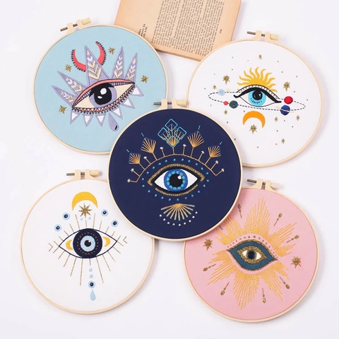 Kit De Broderie DIY Mauvais Œil Coton Lin Broderie À La Hand Motif Céleste Avec Cercle En Bois Pour Débutant Décoration