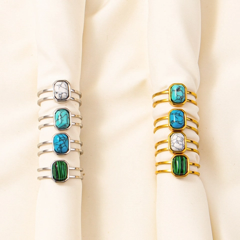 Vintage Geometrischer Verstellbarer Ring Edelstahl Kunststein Türkis Malachit Doppelreihiges Hohles Band Schmuck