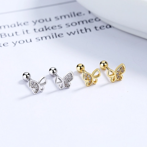 Butterfly Stud Earrings 925 Sterling Silver Sparkling Cubic Zirconia Screw Back Dainty Minimalist Trendy Jewelry For Women