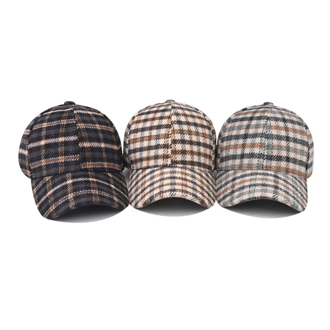 Casquette De Baseball À Carreaux Rétro Polyester Texture Laine Ajustable Bord Incurvé Mode Style Britannique Hommes Femmes
