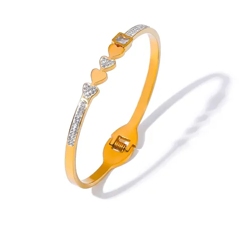 Elegant Titanium Steel Gold Plated Heart Bangle For Women Geometric Rhinestone Inlaid Fashion Jewelry Party Gift Bracelet