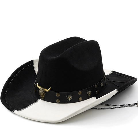 Western Cowboy Hoed Contrastkleur Vilt Fedora Met Stierenkop Metalen Decor Leren Band En Kinriem Voor Volwassenen