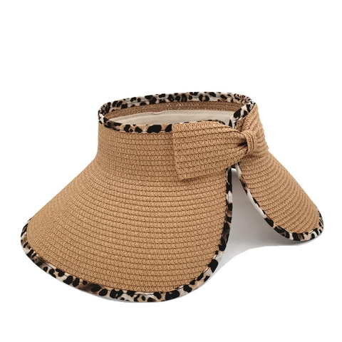 Cappello Visiera In Paglia Da Donna Bordo Leopardato Tesa Larga Fiocco Pieghevole Spiaggia Estiva Regolabile Carta Intrecciata