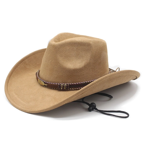Suede Western Cowboy Hat Wide Brim Ethnic Woven Band Feather Charm Adjustable Windproof Rope Outdoor Retro Fedora