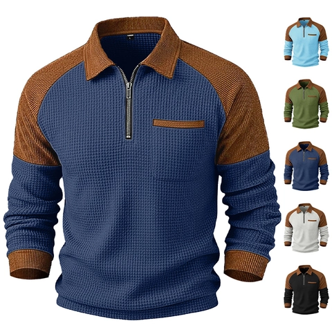 Polo Hombre De Punto Gofre Con Cremallera Cuarto Patchwork Manga Larga Casual Moda Urbana Top Primavera