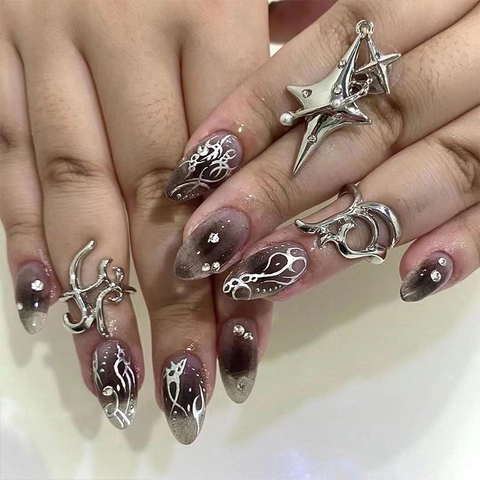 Y2K Gradient Blush Black Press On Nails With Rhinestones Almond Shape False Nails Manicure For Women