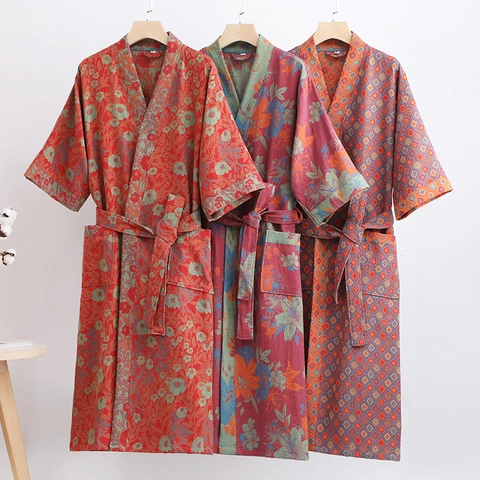 Japanese Kimono Robe Cotton Double Gauze Bathrobe Retro Floral Print Sleepwear For Women Men Soft Breathable Nightgown With Waist Tie