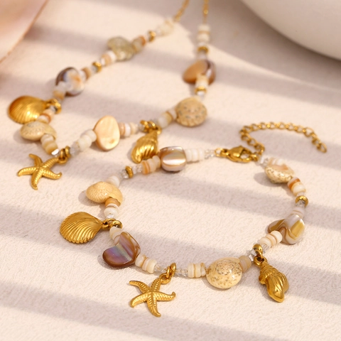Ocean Starfish Shell Pendant Necklace Bracelet Stainless Steel 18K Gold Plated Beaded Chain For Women Beach Summer Retro