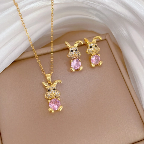 Hase Schmuckset Halskette Ohrringe Set Rosa Zirkon Vergoldetes Kupfer Mit Silbernen Ohrsteckern Elegant Bankett Für Frauen