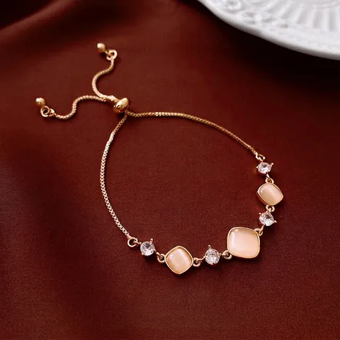 Adjustable Bolo Bracelet Copper With Square Cat's Eye Stone And Round White Zircon Elegant Fashion Jewelry For Women