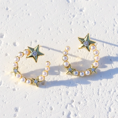 Ster Maan Oorknopjes Koper Verguld Met Zirkonia En Kunstparel Geometrisch Chic Mode Sieraden Voor Dames