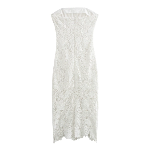 Elegant White Lace Strapless Midi Dress Sleeveless Slim Fit High Waist French Style Formal Cocktail Party For Women