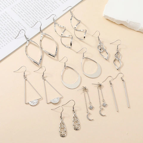 Geometric Alloy Dangle Earrings For Women Hollow Out Multi Layer Leaf Star Moon Teardrop Shape Silver Color Fashion