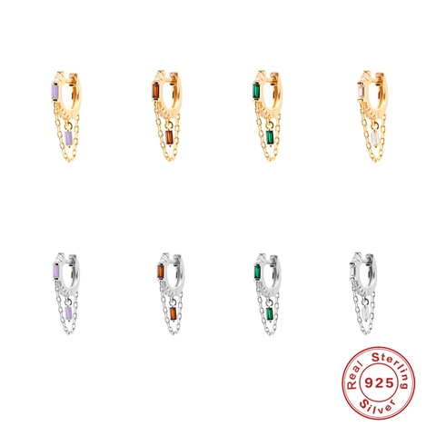 Pendientes De Aro Geométricos Con Circonita Cuadrada Y Borla De Cadena Doble En Plata De Ley 925 Para Mujer Estilo Elegante