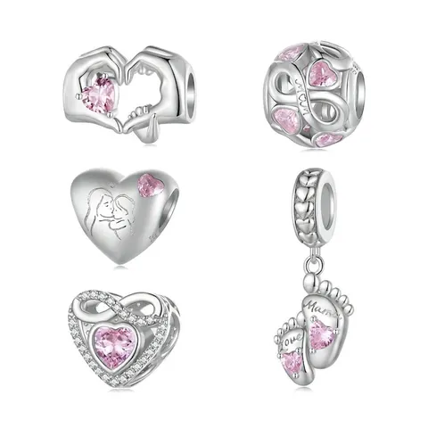 925 Sterling Silver Heart Charm Beads With Pink Zirconia For Bracelet Mother Day Mom Love Theme Jewelry Accessory