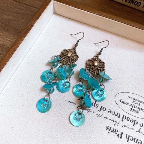 Orecchini Pendenti Farfalla Bohémien Vintage Lega Con Conchiglia Strass Nappa Lunga Gioielli Donna Perno Orecchino Argento
