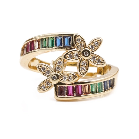 Eleganter Kupfer Blumen Verstellbarer Offener Ring Damen Regenbogen Bunter Zirkon Mikro Pave Modeschmuck